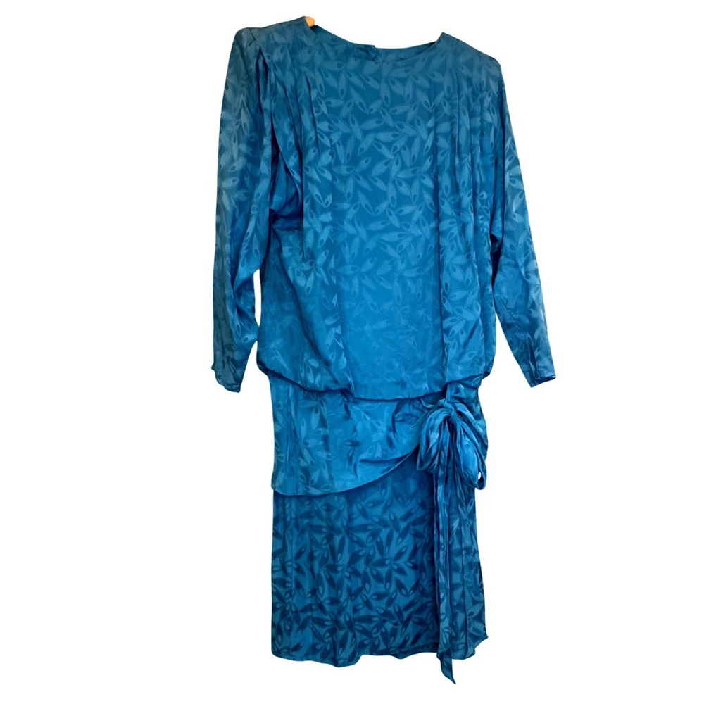 Vintage Fatkee Pure Silk Jacquard Dress Blue 80s Blouson Side Tie Hong Kong 4